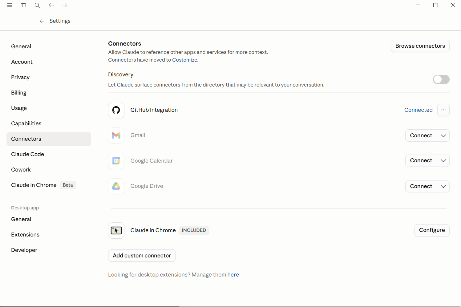 Claude Desktop Settings with the Connectors section open