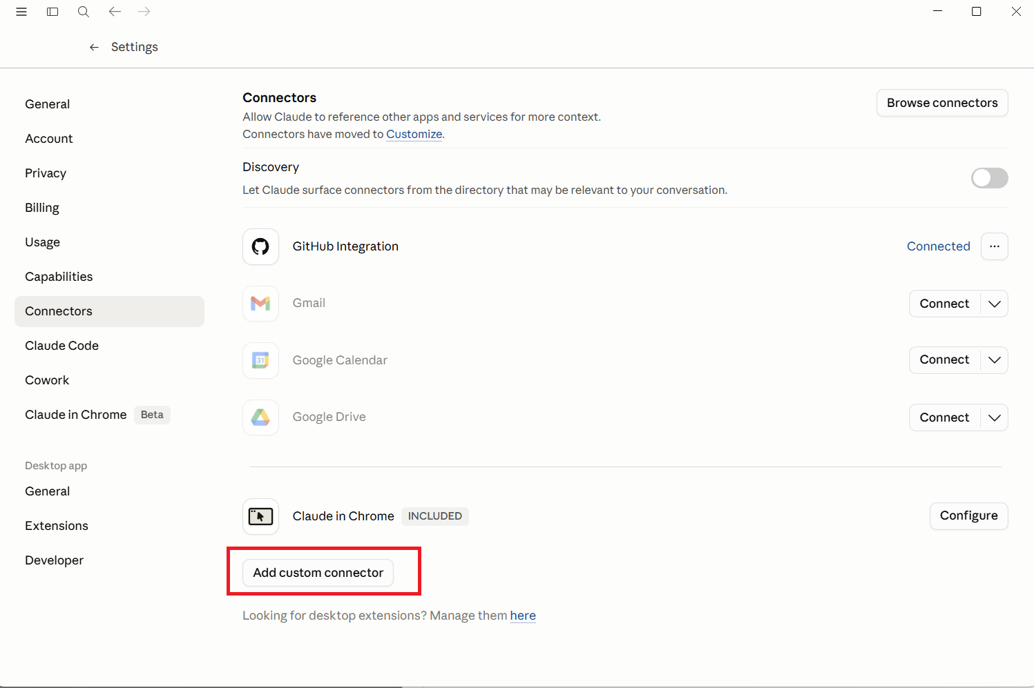 Claude Desktop Developer section with the Add custom connector button highlighted