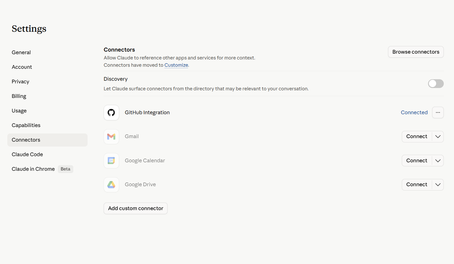 Claude.ai Settings screen with the Connectors tab selected