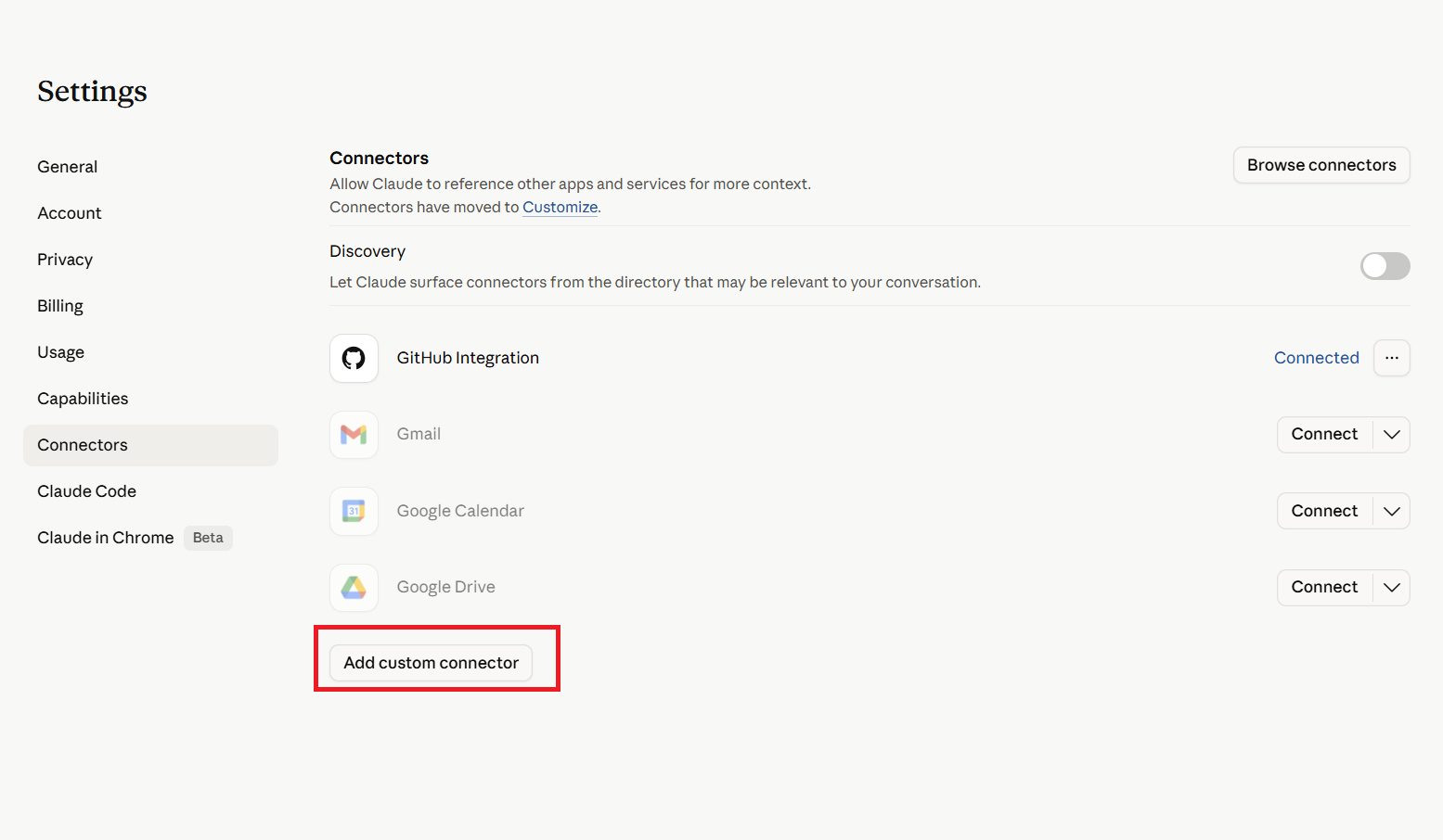 Claude.ai Connectors list with the Add custom connector button highlighted